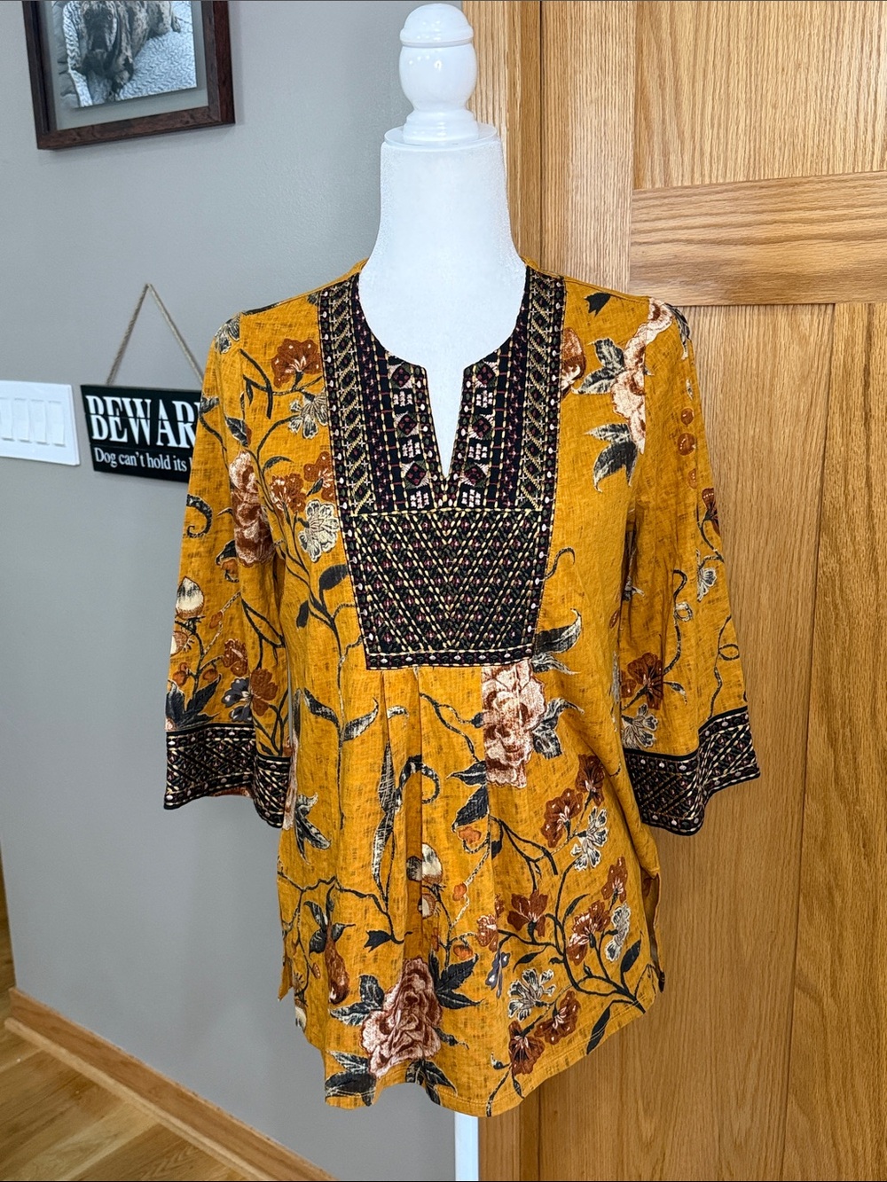 Soft Surroundings Mustard Floral Embroidered Tunic